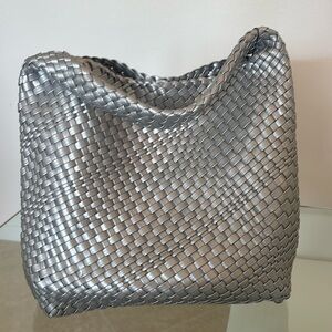 Elegant Silver Woven Vegan Tote Bag